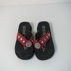 Hide N Sole  Red Cowhide Rhinestone Embellished Sandals Western Size 7